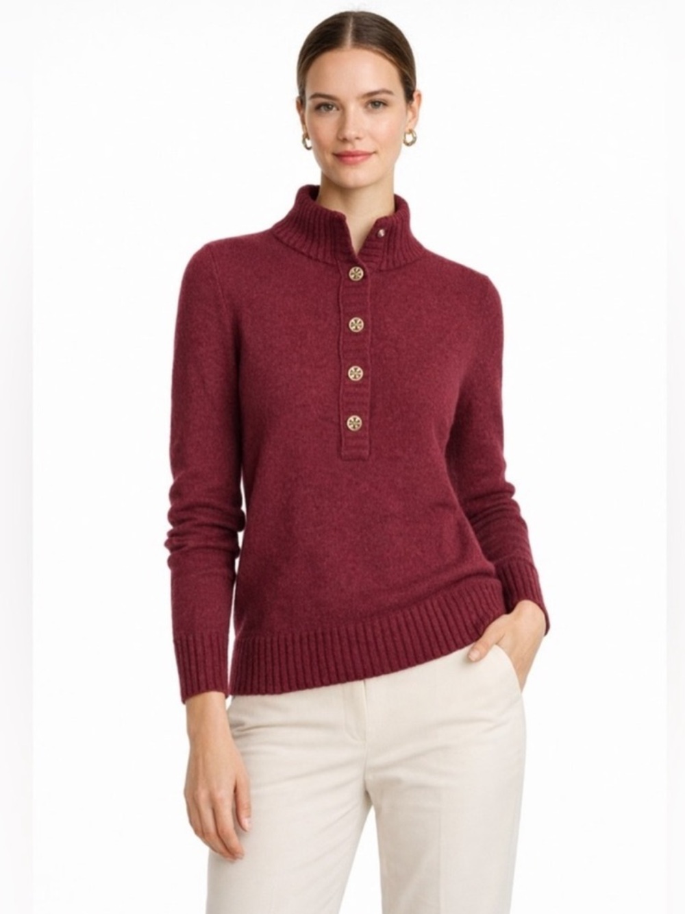 Tory Burch Audra Mock Neck Wool Cashmere Red Purple Henley Sweater‎